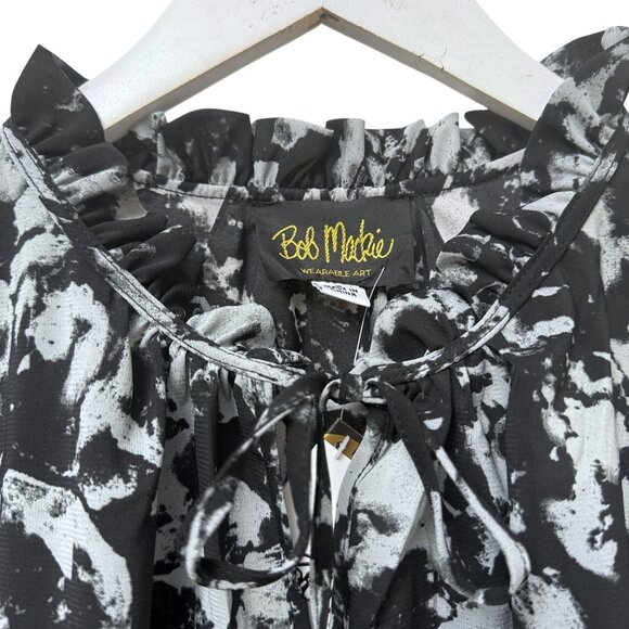 BOB MACKIE Blouse Large Black Artsy Print Tie Neck Long Sleeve Womens Top NWT - Picture 3 of 11